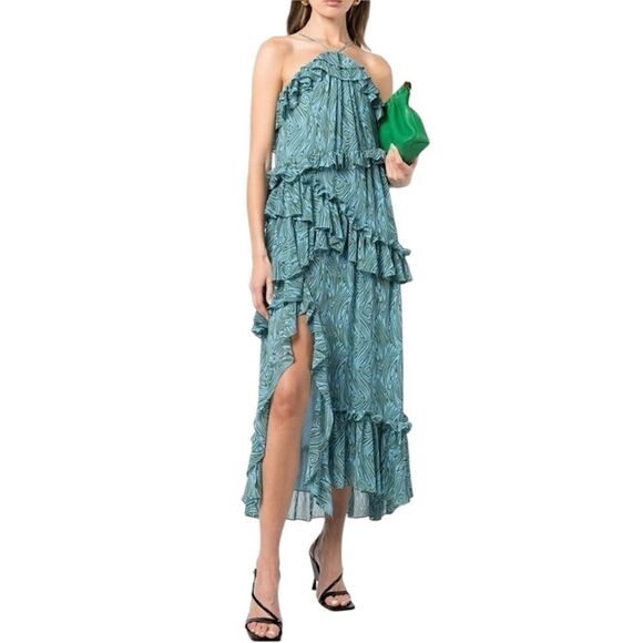 NWT Cinq A Sept Rayner Ruffle Trimmed MIDI Dress Size 8 Celeste Blue/Green - Picture 1 of 16